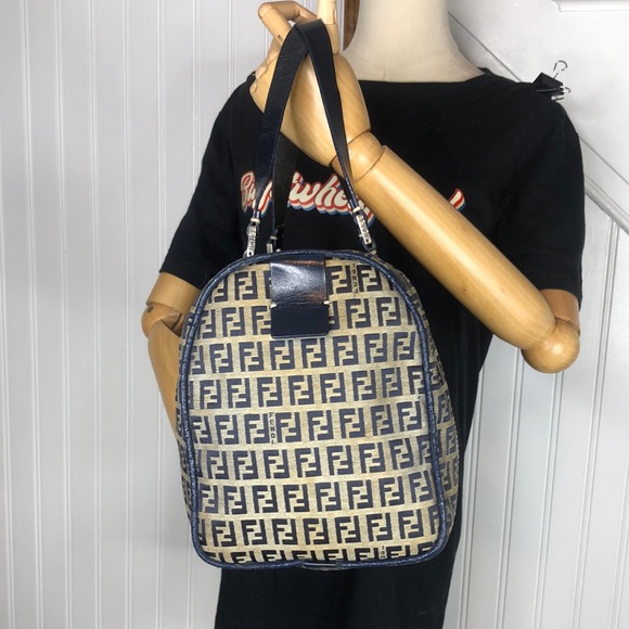 FENDI Zucca Navy Blue Leather Canvas Boston Duffle Travel Bag Speedy 30 EUC - Picture 8 of 17